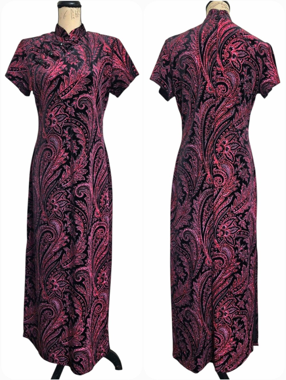 Vintage 90s qipao velvet Burnout red black paisley Dress 12 whimsigoth Evening